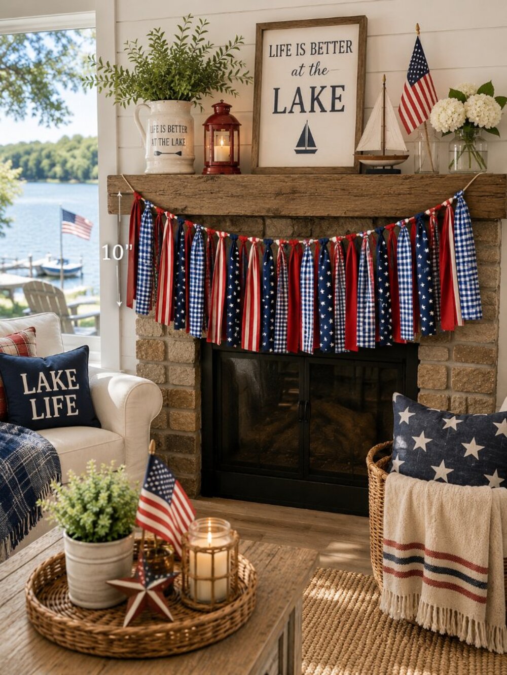 Patriotic fabric tassel garland classic red white and blue bunting decor 96"x10"